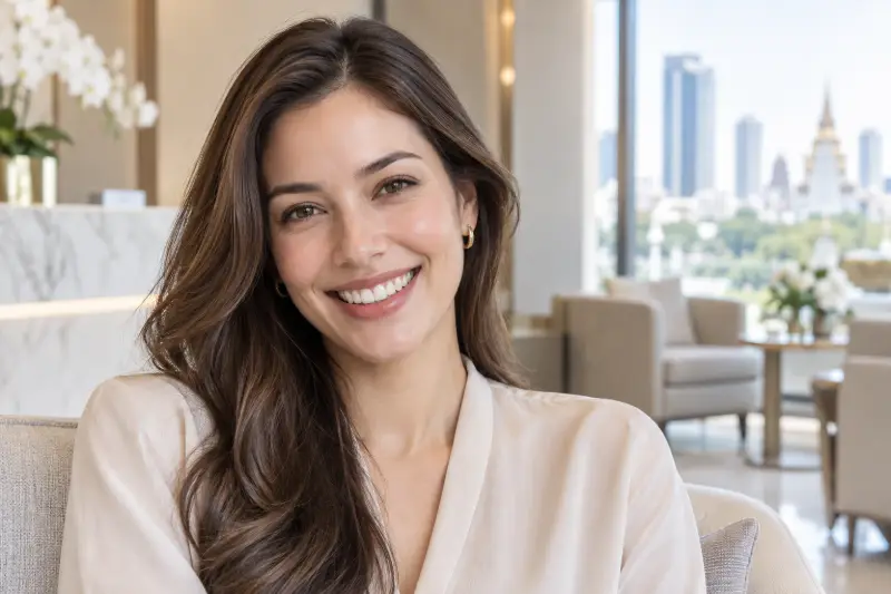 ภาพประกอบผู้หญิงยิ้มเห็นฟันหน้าสีธรรมชาติ ไม่ใช่ภาพผลการรักษาของคนไข้จริง