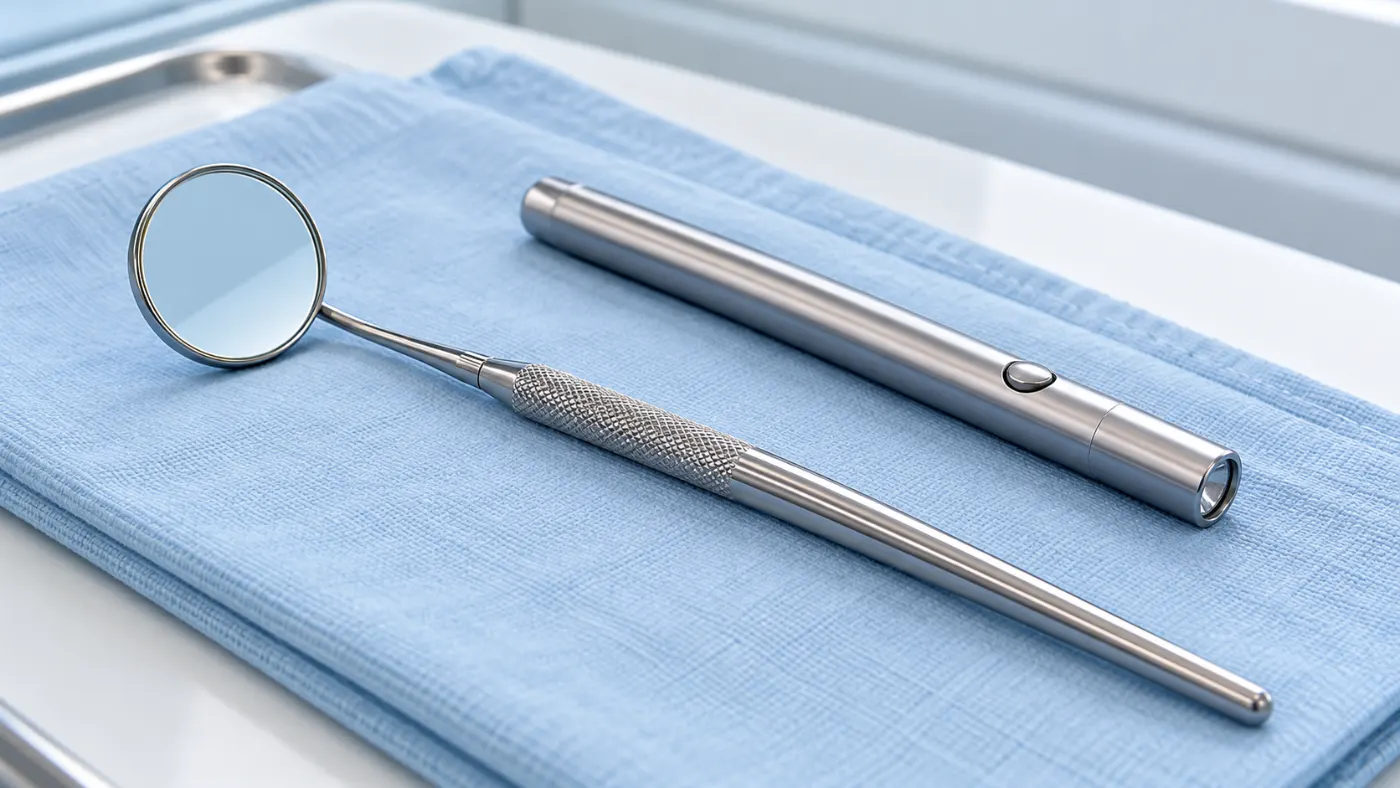 Illustrative dental mirror and examination light on a cloth; not a diagnosis or whitening result.