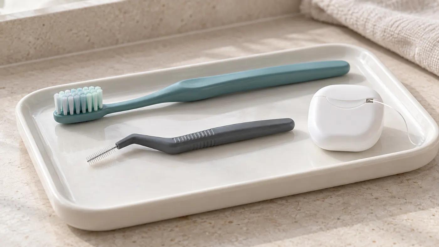 Illustrative toothbrush, interdental brush and floss on a tray; not a prescribed cleaning technique.